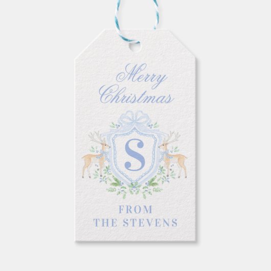Blue Christmas Deer Crest Monogram met naam Cadeaulabel (Voorkant)