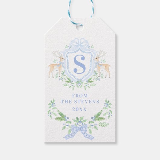 Blue Christmas Deer Crest Monogram met naam Cadeaulabel (Voorkant)