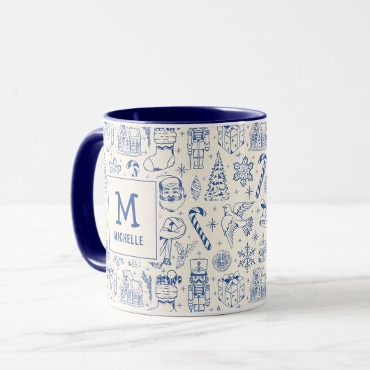Blue Christmas Doodle Monogram en Naam Mok (Voorkant links)