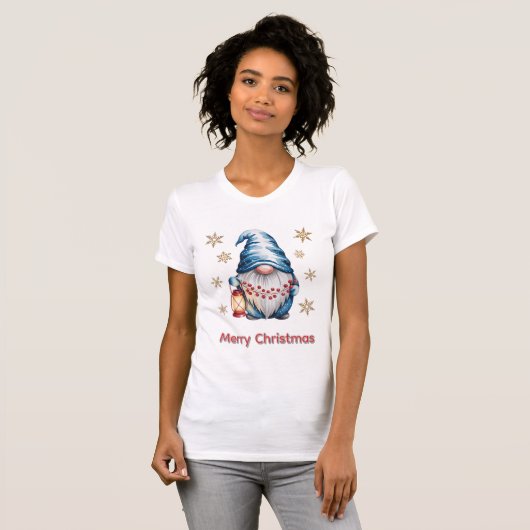 Blue Christmas Gnome with Red Lantern Berries T-shirt (Voorkant volledig)