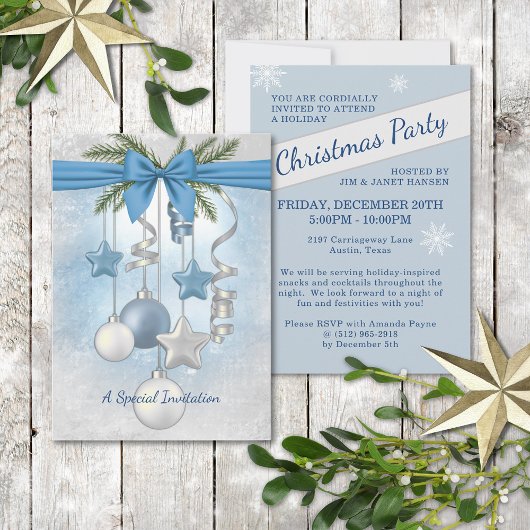 Blue Christmas Multiple Ornaments Party Invitation Kaart