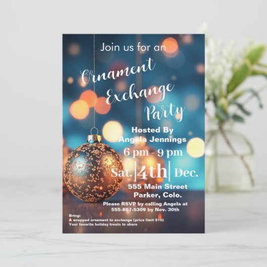 Blue Christmas Ornament Party Invitation Kaarten (Staand voorkant)