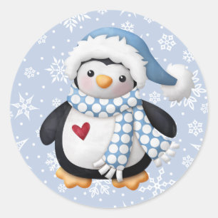Blue Christmas Penguin Ronde Sticker