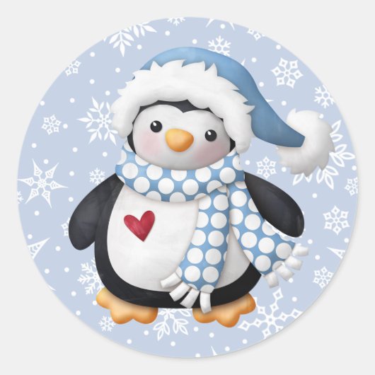 Blue Christmas Penguin Ronde Sticker (Voorkant)