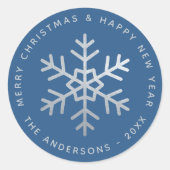 Blue Christmas Snowflake Elegant Faux Silver Foil Ronde Sticker (Voorkant)