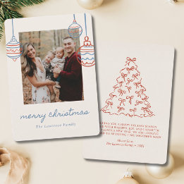 Blue Christmas Tree Doodle Coquette Bow Family Feestdagenkaart