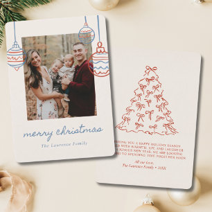 Blue Christmas Tree Doodle Coquette Bow Family Feestdagenkaart
