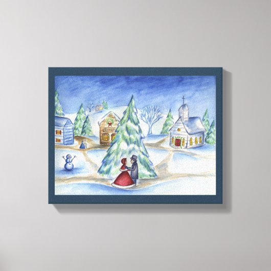 Blue Christmas Village Wall Art Canvas Afdruk (Voorkant)