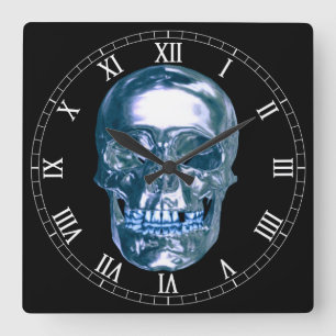 Blue Chrome Skull Square Roman Nummerklok Vierkante Klok