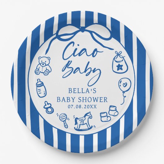 Blue Ciao Bambino Italian Illustrated Baby Shower Papieren Bordje (Voorkant)