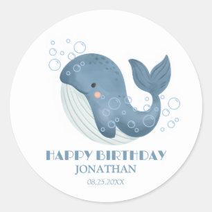 Blue Circle Bubble Schattigee walvis Happy Birthda Ronde Sticker
