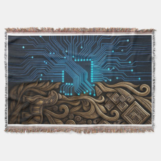Blue Circuitry on Tribal Wood Deken
