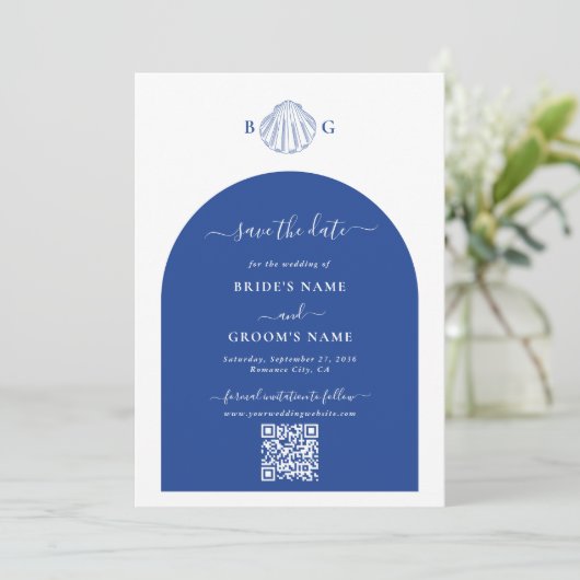 Blue Clam Seashells Coastal Seaside Beach Wedding Save The Date (Staand voorkant)