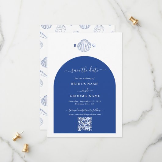 Blue Clam Seashells Coastal Seaside Beach Wedding Save The Date (Voorkant / Achterkant in situ)