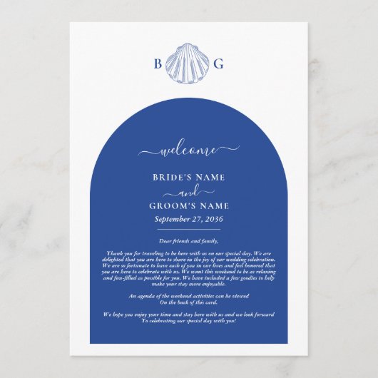 Blue Clam Seashells Coastal Wedding Itinerary Programma (Voorkant)