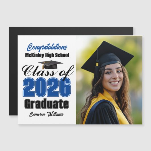 Blue Class of 2026 Graduation Photo Magnet Card (Devant / Derrière)