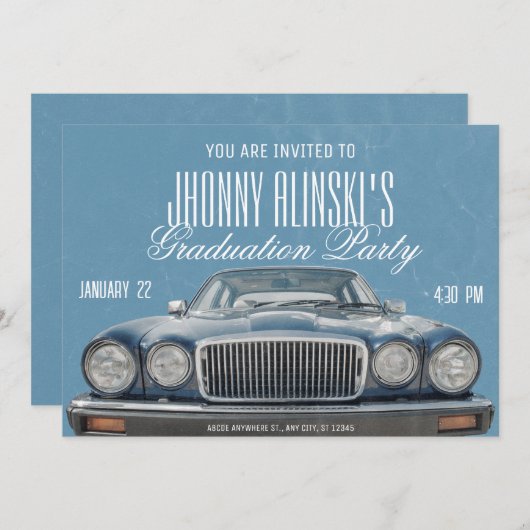 Blue Classic auto afstuderen Invitation Kaart (Voorkant / Achterkant)