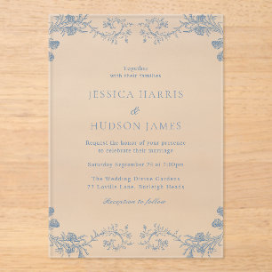 Blue Classic Elegance Bloemen Huwelijk Acryl Uitnodigingen