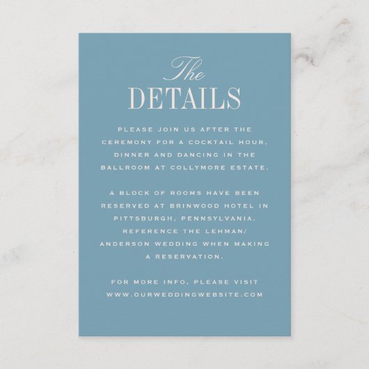 Blue Classic Elegance Wedding Details Informatiekaartje (Voorkant)