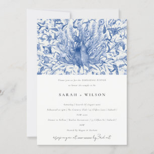 Blue Classy Waterverf Peacock Rehearsal Dinner Kaart