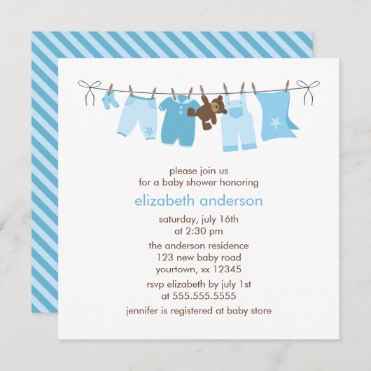 Blue Clothesline Boy Baby shower Kaart (Voorkant / Achterkant)