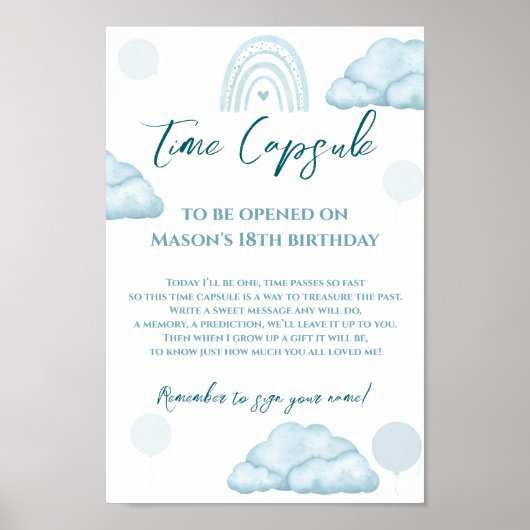 Blue Cloud Boho Time Capsule First Birthday Poster (Voorkant)