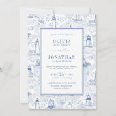 Blue Coastal Chic Lighthouse Toile Wedding Kaart (Voorkant)