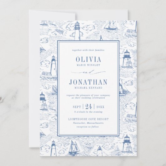 Blue Coastal Chic Lighthouse Toile Wedding Kaart (Voorkant)