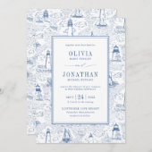 Blue Coastal Chic Lighthouse Toile Wedding Kaart (Voorkant / Achterkant)