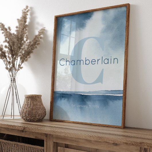 Blue Coastal Custom Last Name Wall Art Prints