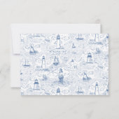 Blue Coastal Lighthouse Toile Wedding RSVP Kaartje (Achterkant)