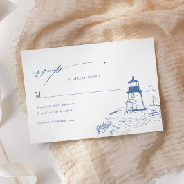 Blue Coastal Lighthouse Toile Wedding RSVP Kaartje