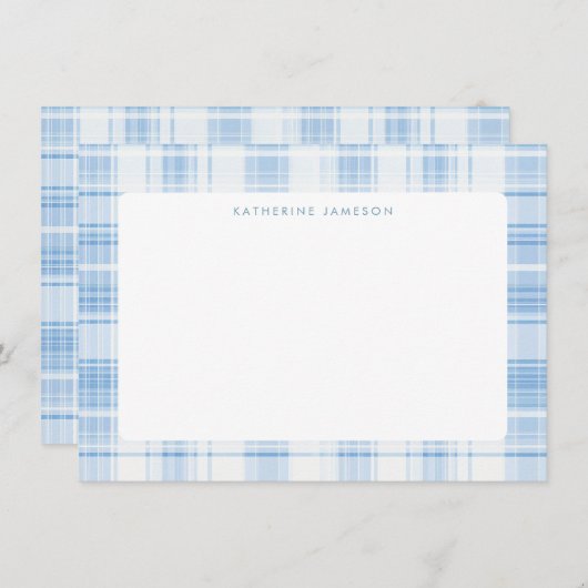 Blue Coastal Plaid Pattern Monogram Notitiekaartje (Voorkant / Achterkant)
