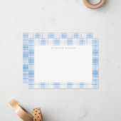 Blue Coastal Plaid Pattern Monogram Notitiekaartje (Voorkant / Achterkant in situ)