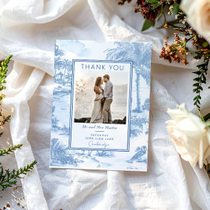 Blue Coastal Toile Wedding Bedankt kaart