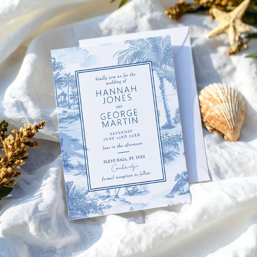 Blue Coastal Toile Wedding Invitation Card Kaart