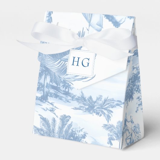 Blue Coastal Toile Wedding Monogram Bedankdoosjes (Voorkant Zijde)