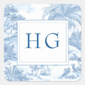 Blue Coastal Toile Wedding Monogram Vierkante Sticker (Voorkant)