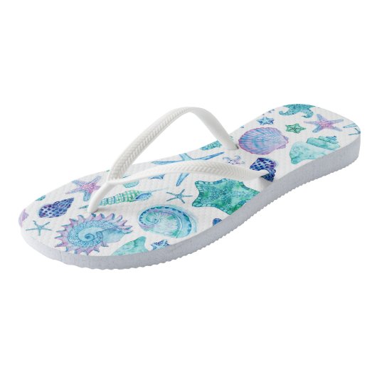 Blue Coastal Waterverf Zee shell en zeesterren Teenslippers (Schuin)