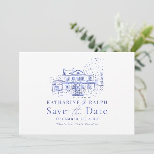 Blue Colonial House / Mansion / Manor Save the Dat Kaart (Staand voorkant)