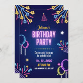 Blue Colorful Neon Birthday Party Invitation (Devant / Derrière)