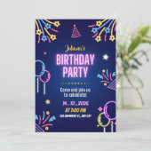 Blue Colorful Neon Birthday Party Invitation Kaart (Staand voorkant)