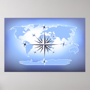 Blue Compass Roos Wereldkaart Print Poster