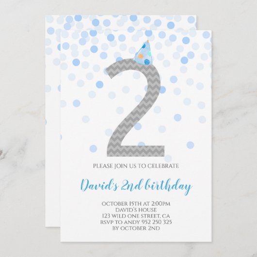 Blue Confetti Boy Party 2e verjaardag Kaart (Voorkant / Achterkant)