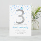 Blue Confetti Boy Party 3e verjaardag Kaart (Staand voorkant)
