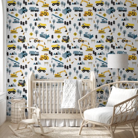 Blue Construction Trucks & Site Theme Pattern Behang (Kinderen)