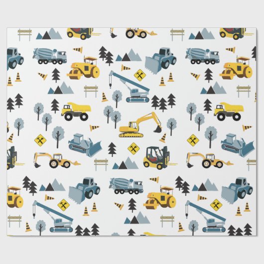Blue Construction Trucks & Site Theme Pattern Cadeaupapier (Vlak)