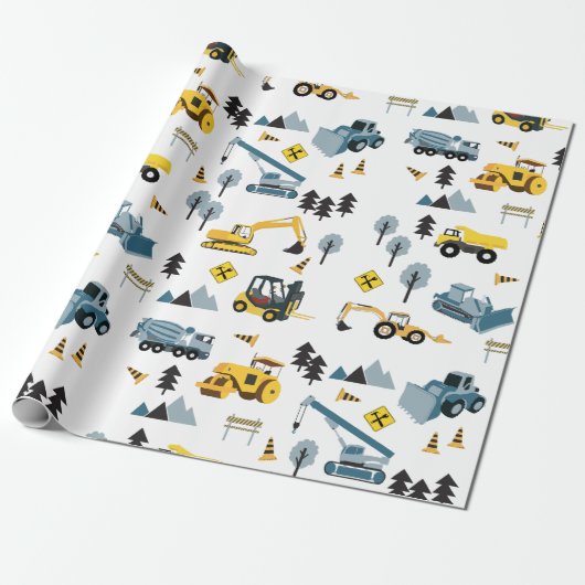 Blue Construction Trucks & Site Theme Pattern Cadeaupapier (Uitgerold)