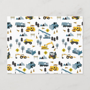 Blue Construction Trucks & Site Theme Pattern Feestdagenkaart