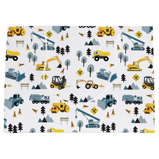 Blue Construction Trucks & Site Theme Pattern Groot Cadeauzakje (Voorkant)